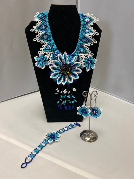 Chaquira Blue  Flower Jewelry  Set. SOLD