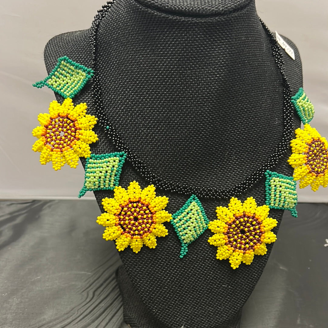 Beaded chaquira sunflower necklace set earrings and bracelet