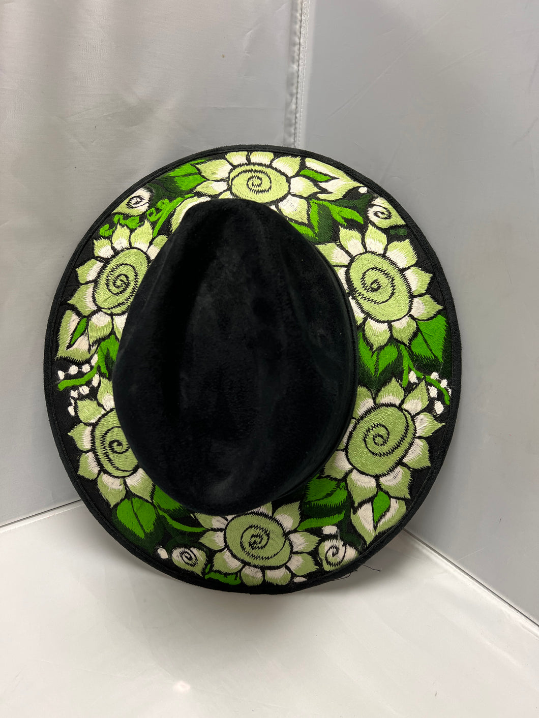 Suede Embroidered Green Flowers  Mexican Hat