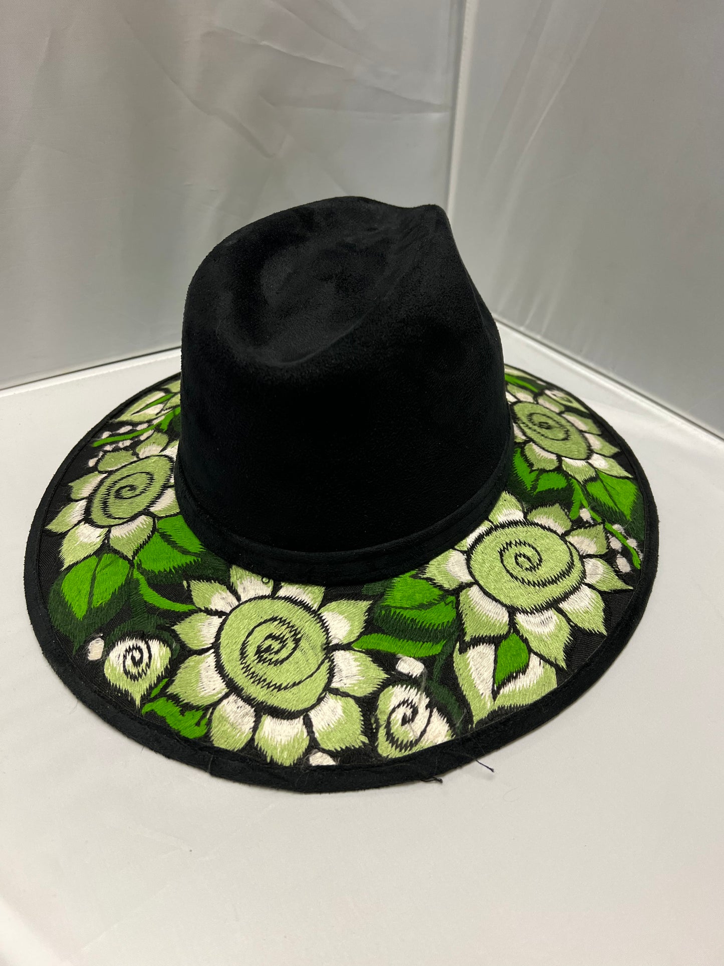 Suede Embroidered Green Flowers  Mexican Hat
