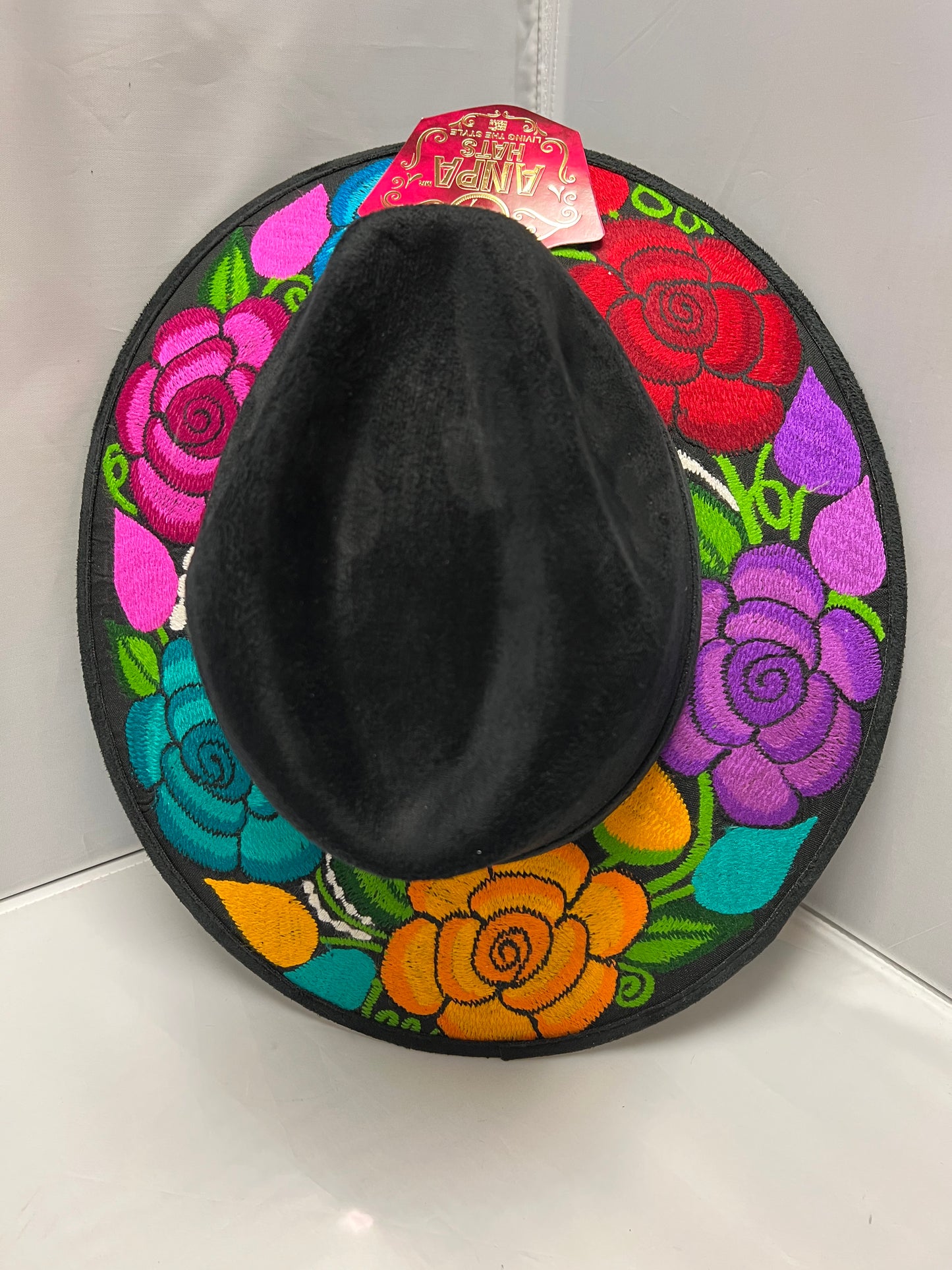 Black Suede Hat with  Embroidered Flowers