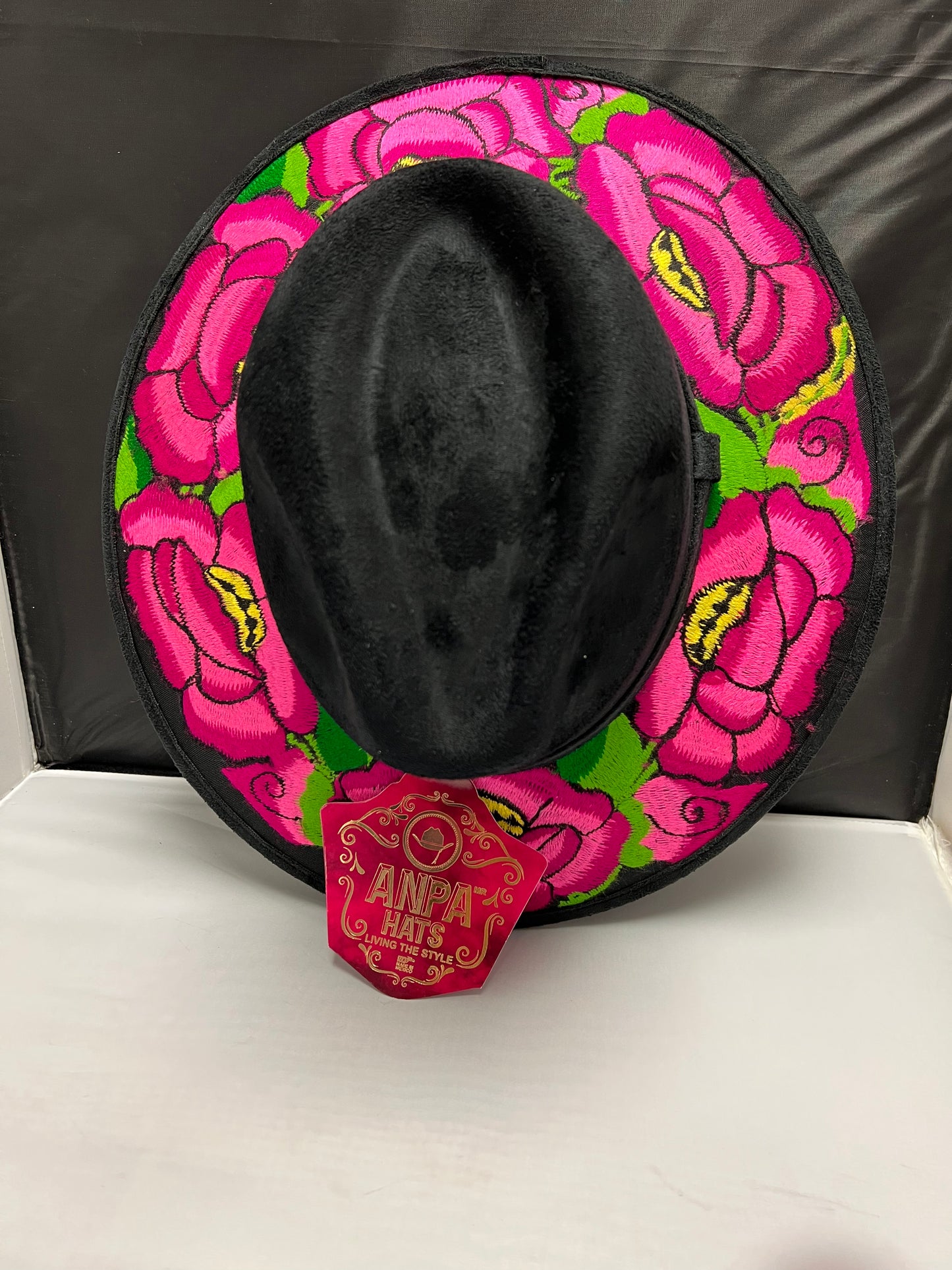 Black Suede Hat with Pink  Embroidered Flowers SOLD