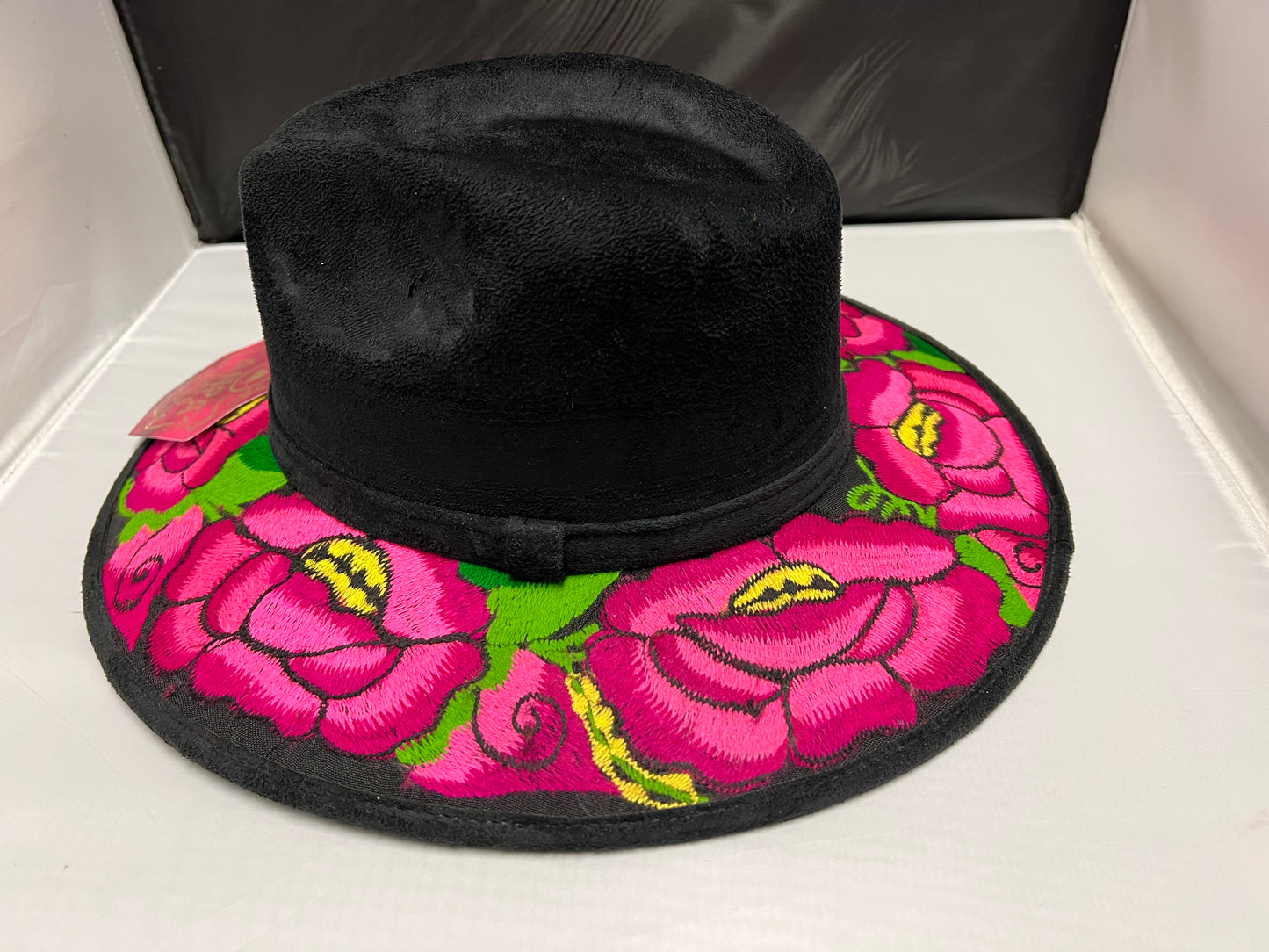 Black Suede Hat with Pink  Embroidered Flowers SOLD