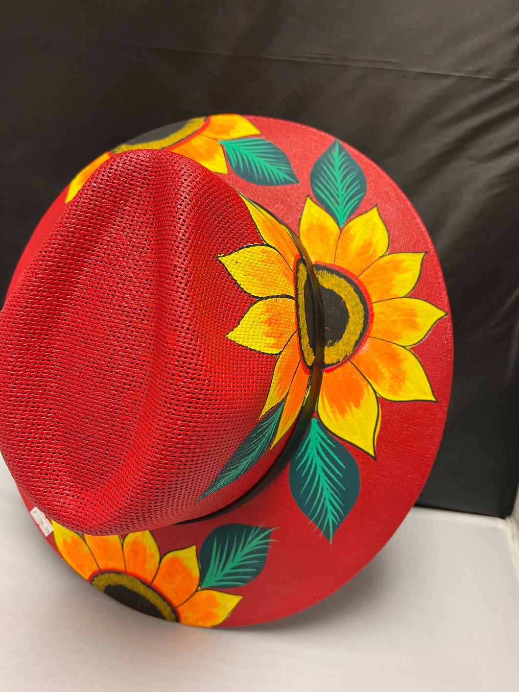 Beautiful red Acrylic  Mexican Hand painted Hat  with Sunflower  Design SOLD