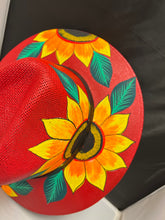 Load image into Gallery viewer, Beautiful red Acrylic  Mexican Hand painted Hat  with Sunflower  Design
