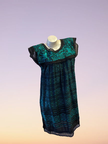 Silk Thread Embroidered Huipil Black with Green Silk Thread