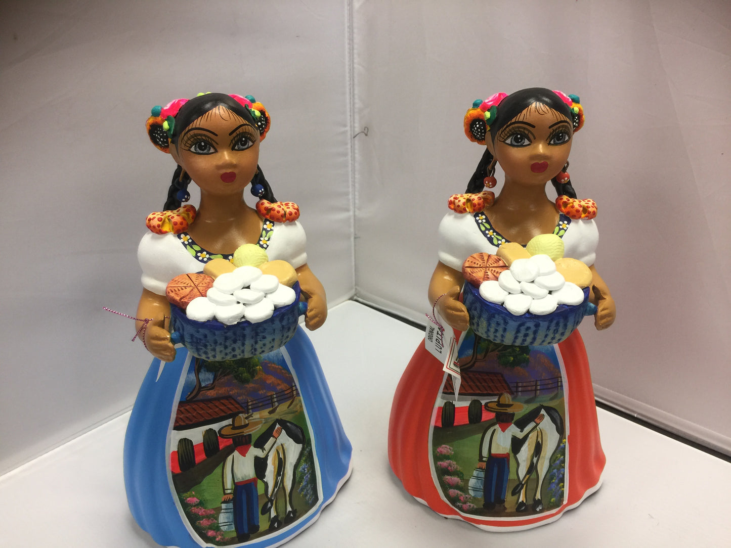 Lupita NAVARRO  Mexican Ceramic Doll Bread basket either   Red or Blue dress SOLD
